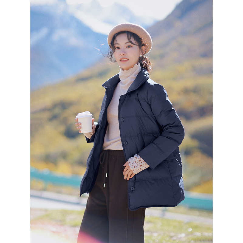 红念藏青色羽绒服女中长款高级感2025年冬季新款气质鸭绒冬装外套