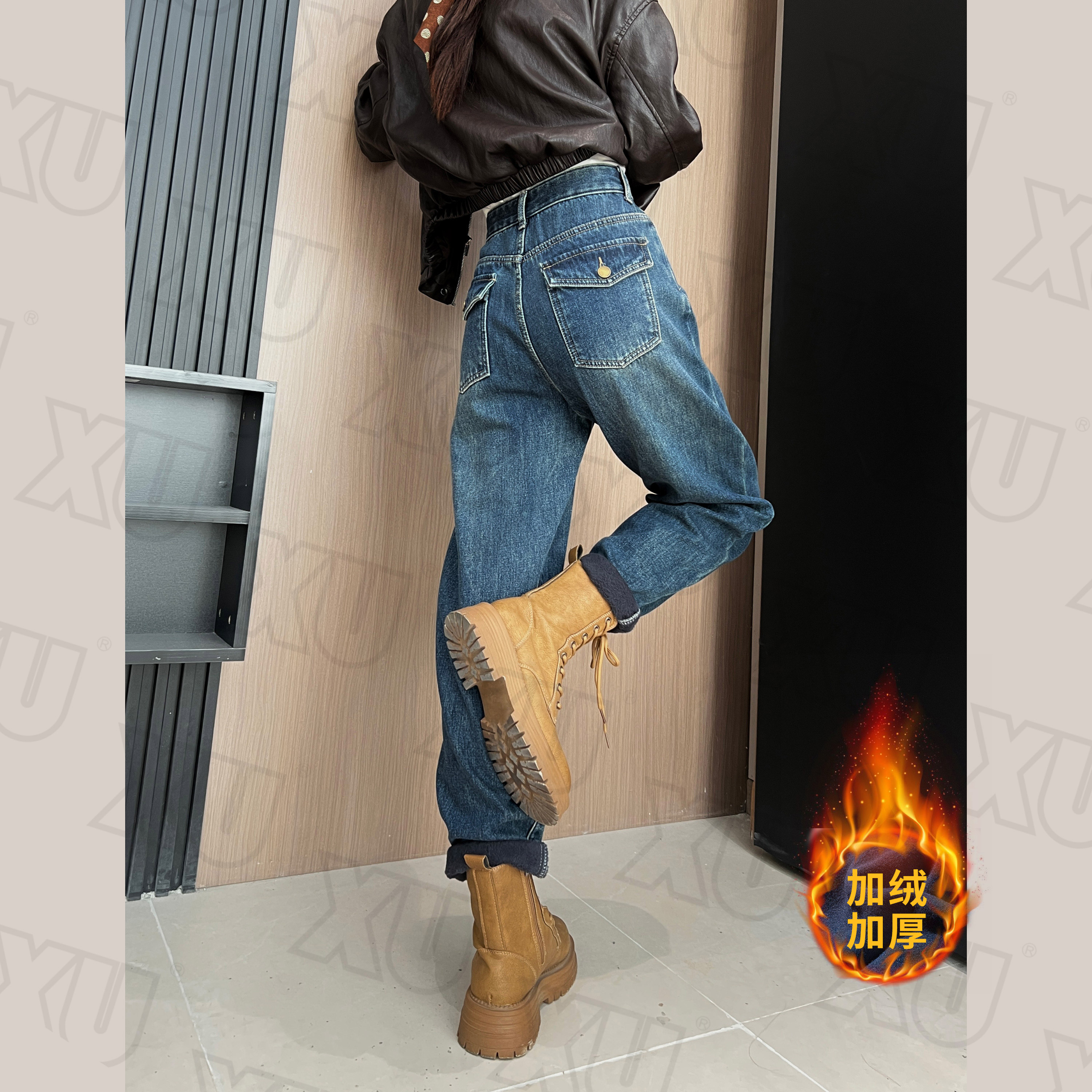 7298 2025新款加绒洋气窄版牛仔裤女百搭高腰小个子哈伦老爹裤W