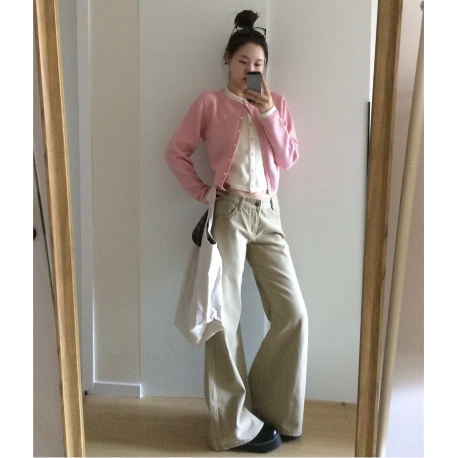 爆款美式复古微喇高腰卡其牛仔裤女休闲新款高个子秋冬百搭宽松