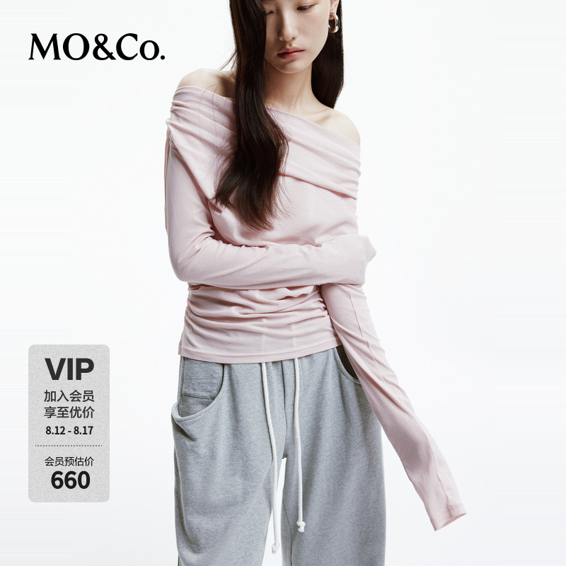MOCO春季一字肩收腰露背可调节背带长袖上衣MBD1TOPK01