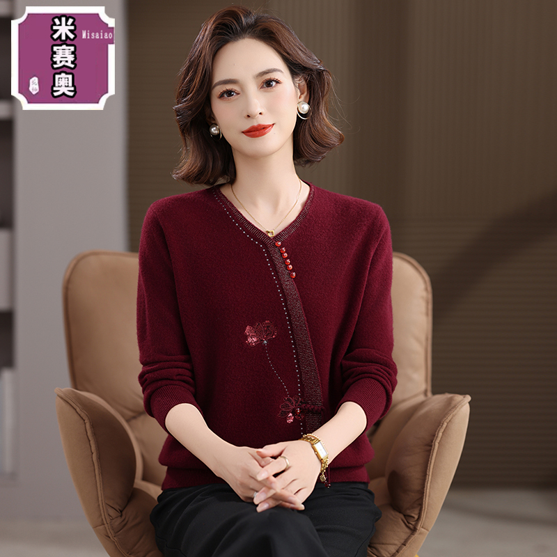 新款中年妈妈装100%羊毛长袖针织翻领毛衣女装中老年宽松打底上衣
