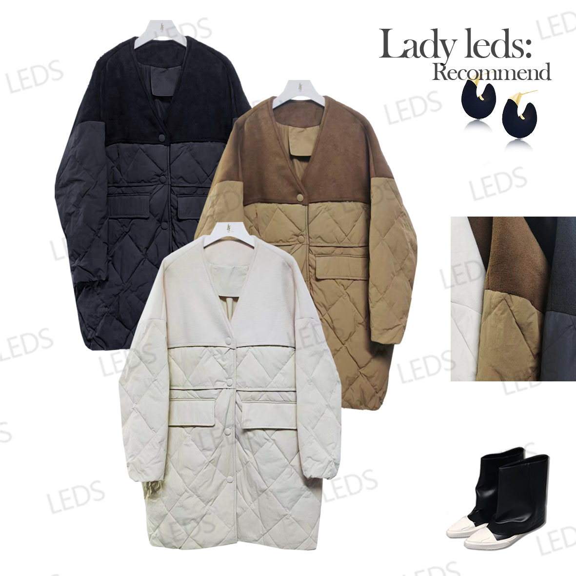 LEDS 8079【熟女风爆款】冬季多色拼接菱格穿搭高级感保暖时尚单品