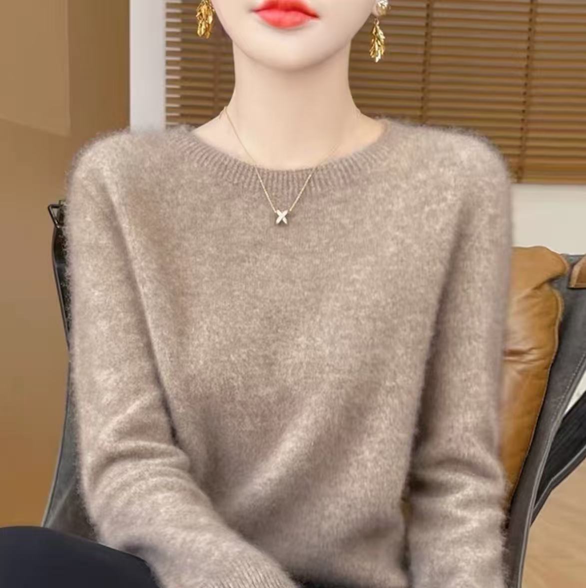 【官方正品】100%羊绒衫女圆领宽松套头针织毛衣纯色内搭显瘦打底衫