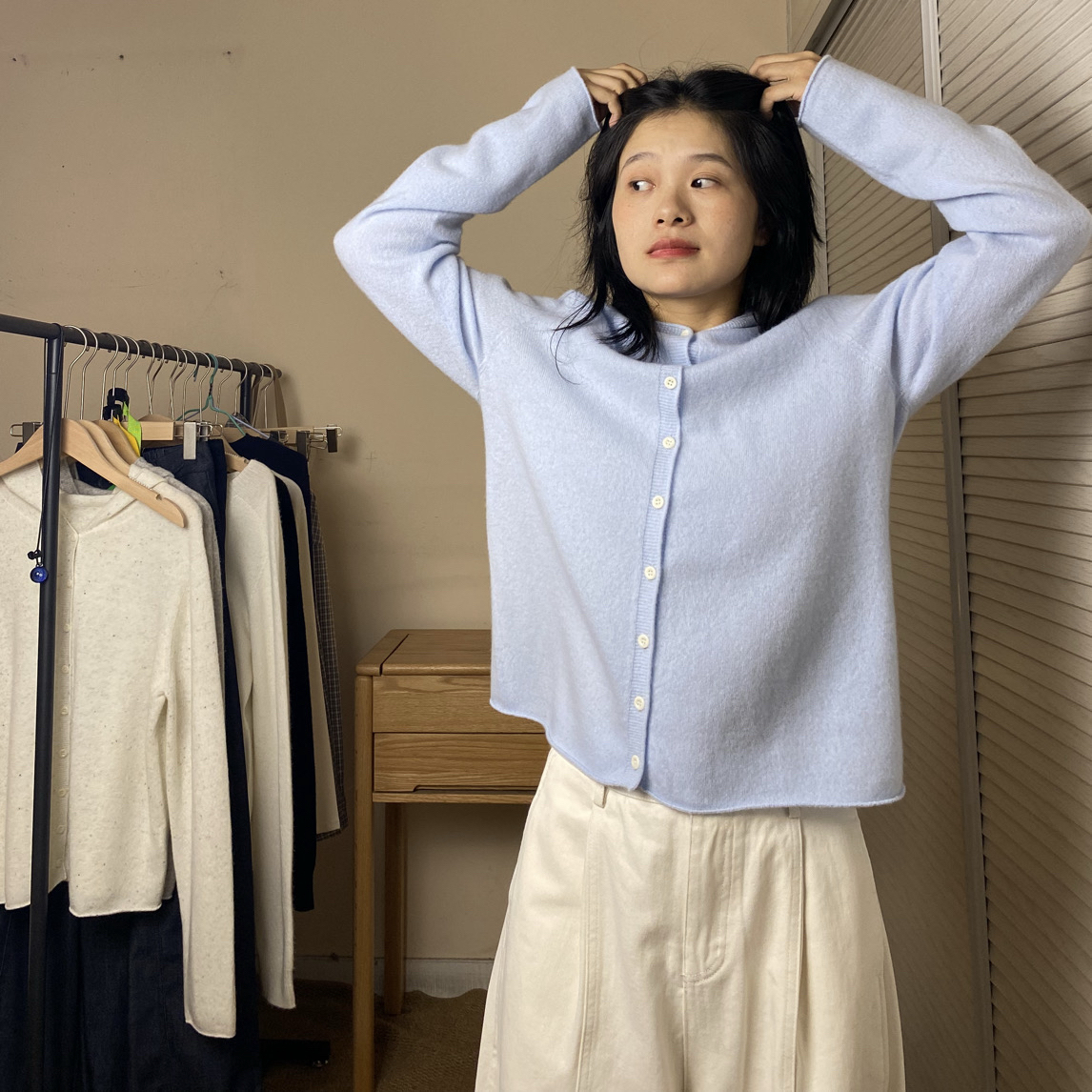 100羊毛无缝一体连帽针织开衫外套女秋冬季新款韩版简约百搭毛衣