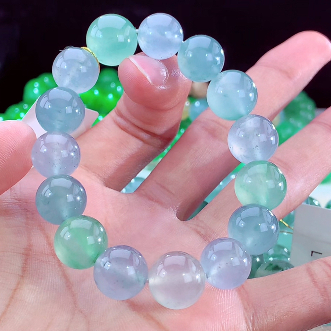 收藏级玻璃种起杠光透绳梦幻马卡龙手串缅甸天然翡翠A货行家品质