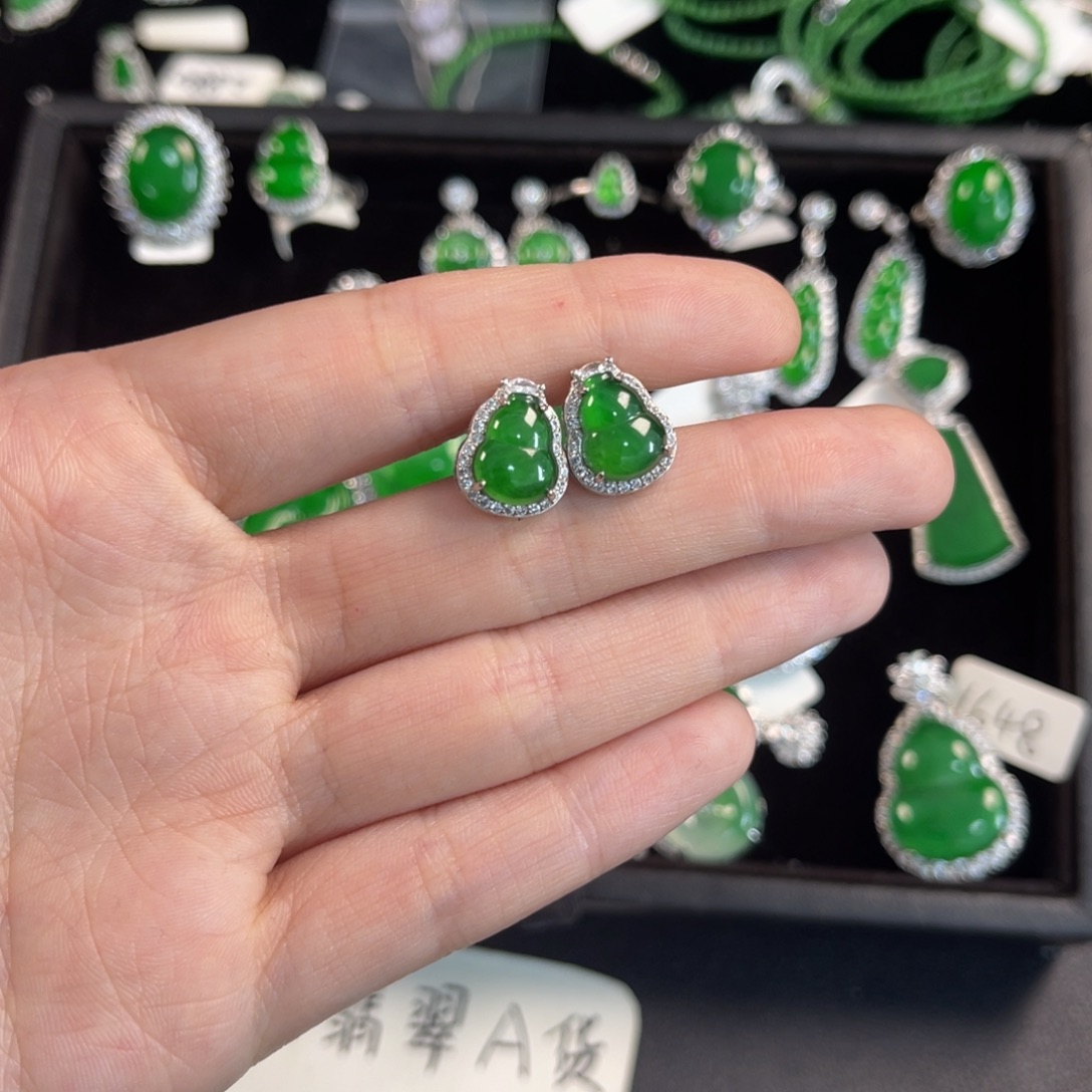 翡翠银S925镶嵌戒指葫芦耳钉