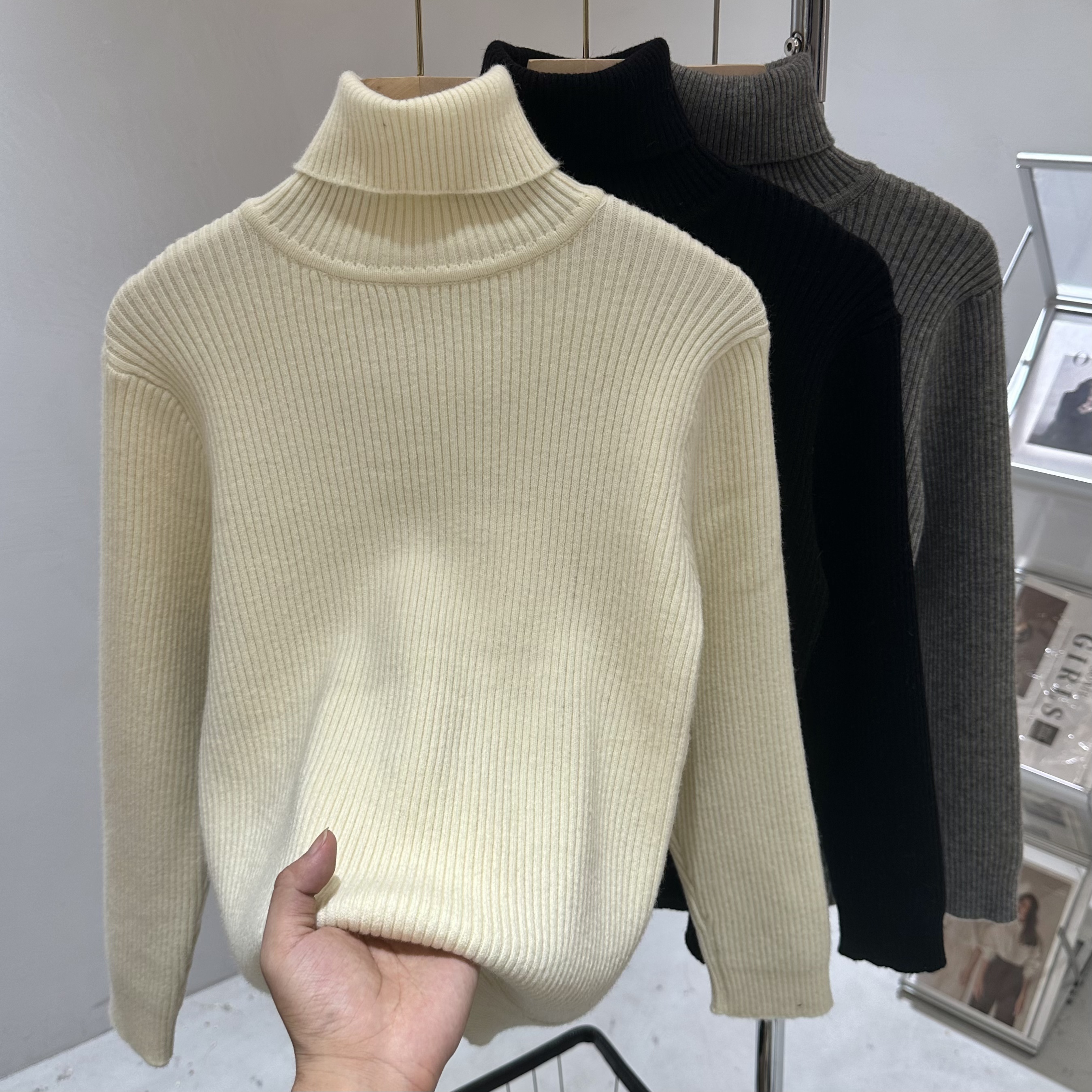 【竖条纹高领针织衫毛衣】象小爸女童25冬季新款慵懒竖条纹打底毛