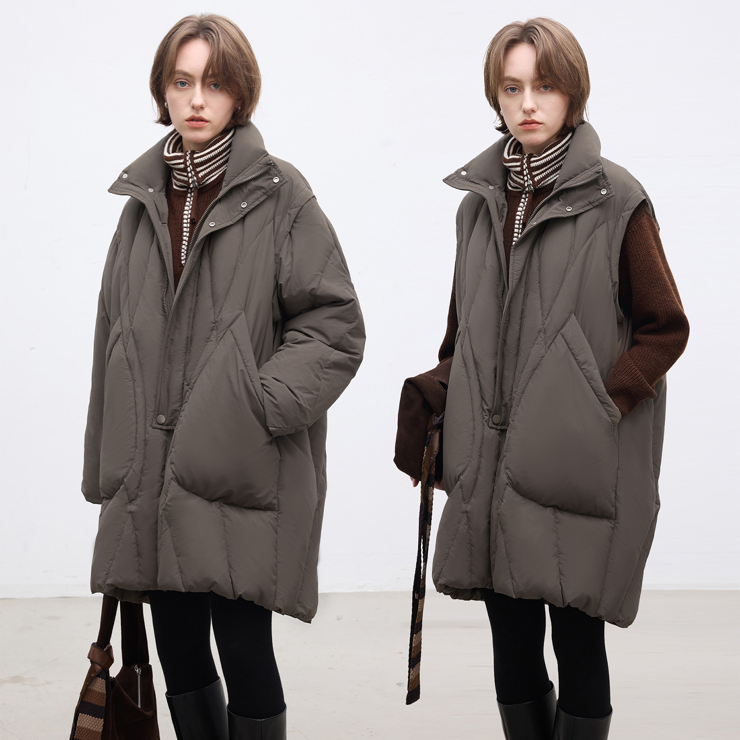 DotDrobe/多着90白鸭绒 可拆卸袖子两穿中长款羽绒服女马甲