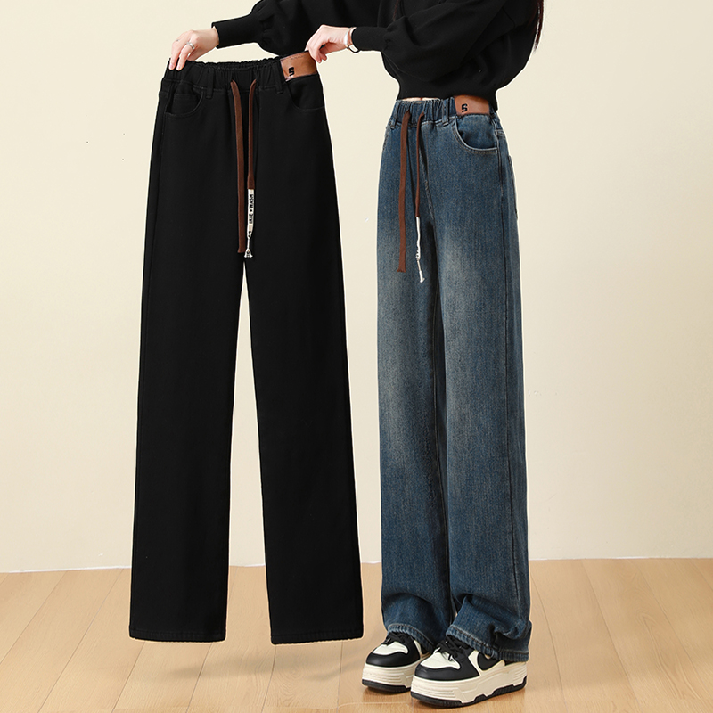 高个子加长女款2025秋冬高腰百搭加绒加厚阔腿牛仔裤女胖妹妹