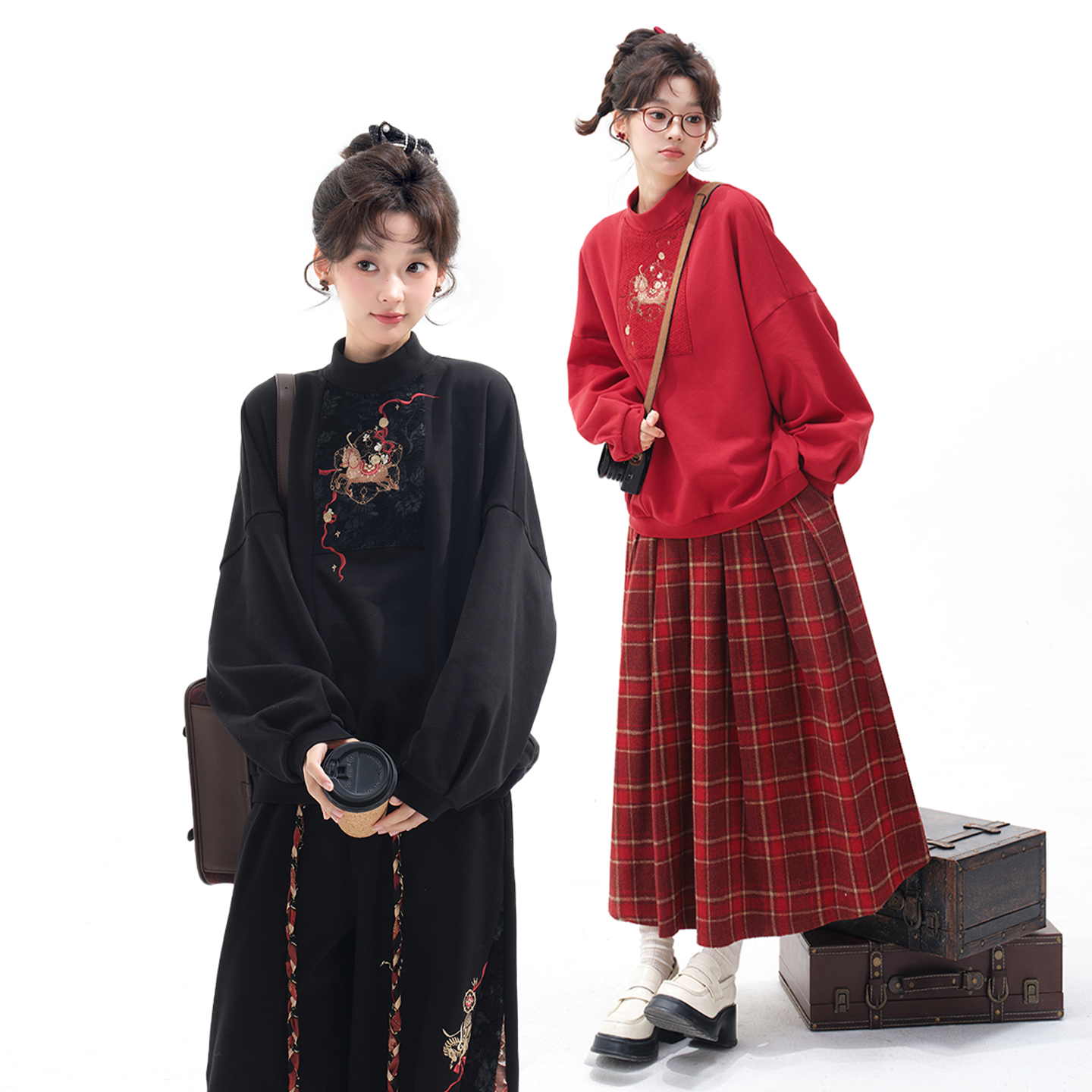 十三余小豆蔻儿[金鞠]国风加绒卫衣裤子套装刺绣加厚汉服套装