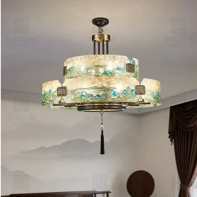（珐琅山水）新中式珐琅彩吊灯大气中国风客厅宋氏美学风全铜灯具
