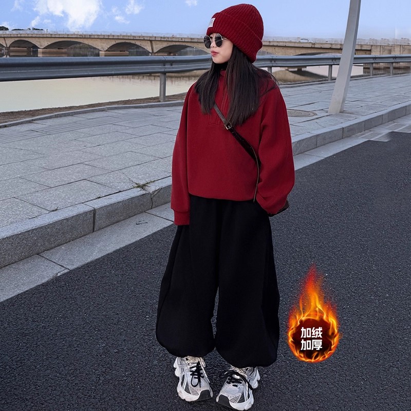女童红色半拉链卫衣秋冬款2025新款韩版加绒加厚休闲灯笼裤两件套
