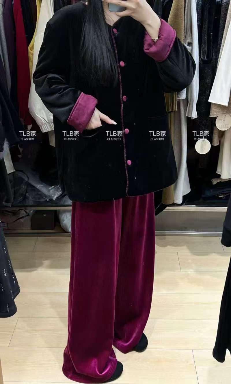 印染长袖直襟厚款碎花复古秋冬丝绒外套正反面两穿