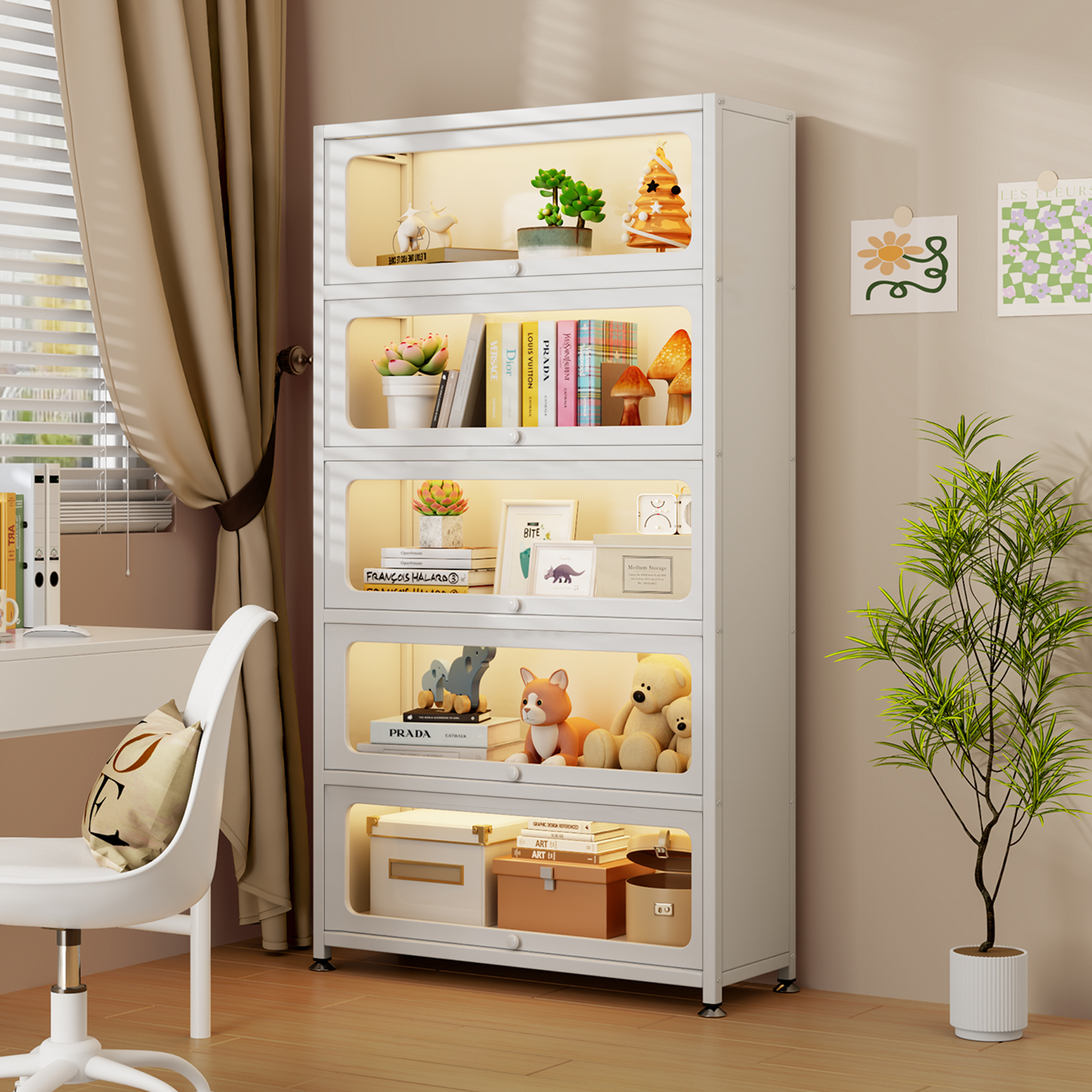 科泽睿家用防尘书柜钢制收纳柜防尘储物柜落地分层透明展示柜