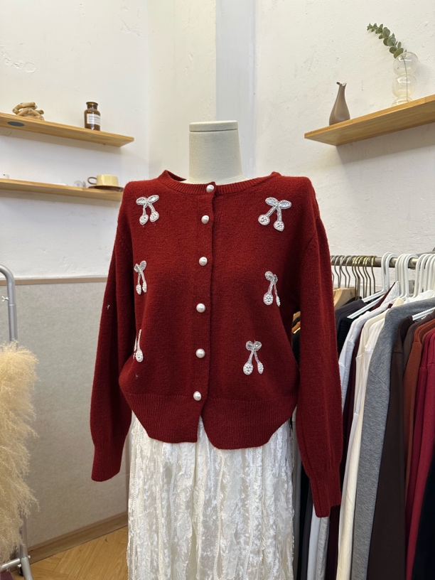【小樱桃】秋冬新年百搭开衫红色毛衣