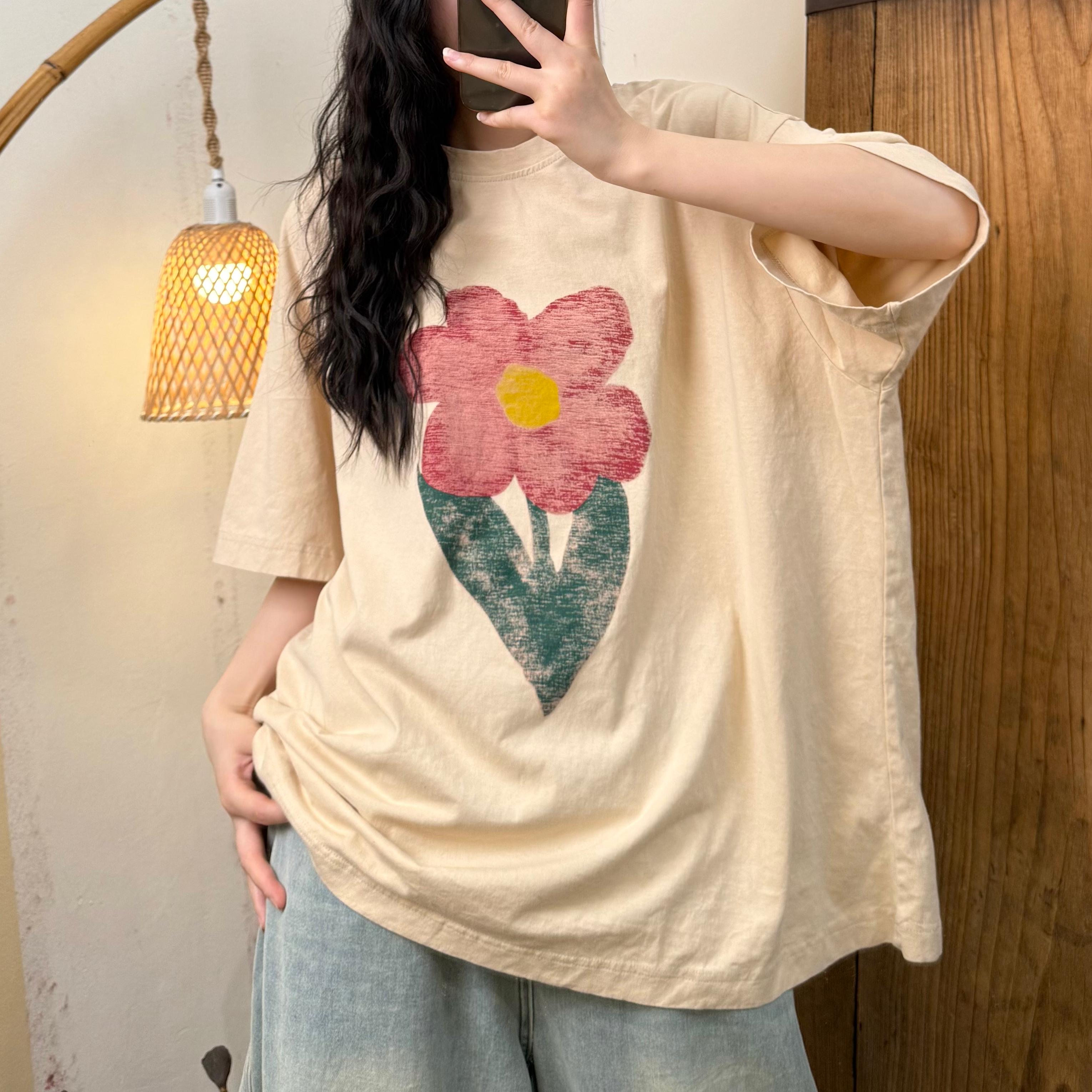 花楼出品2025夏季新款百搭做旧风印花花朵针织棉圆领套头大版T恤