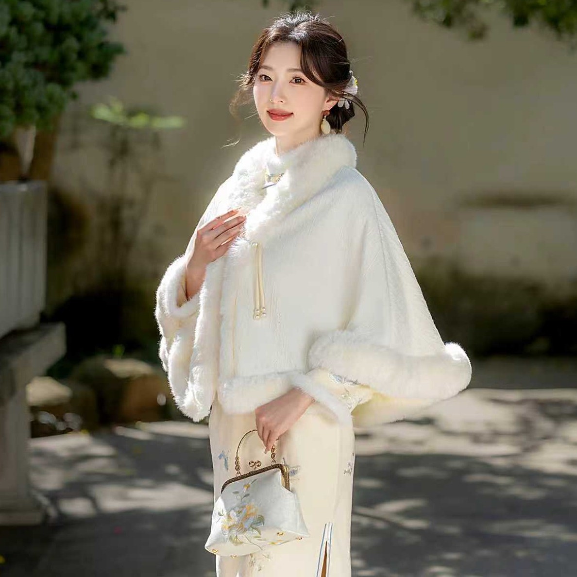 旗袍外搭披肩加绒毛领显瘦日常复古中国风演出服亲子装时尚气质