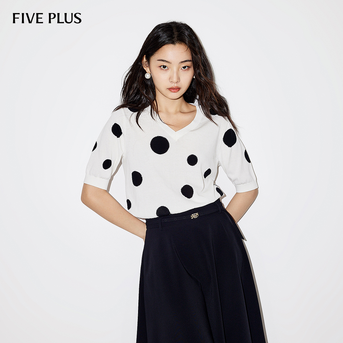 FIVE PLUS夏装针织衫女宽松V领上衣波点短袖套头衫复古2LN2033110