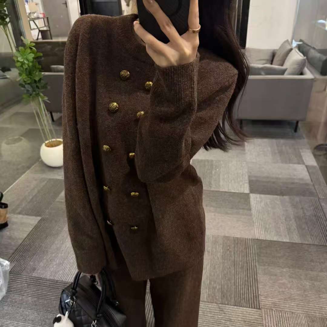 宽松显瘦休闲慵懒风毛衣阔腿裤冬季穿搭套装女两件套