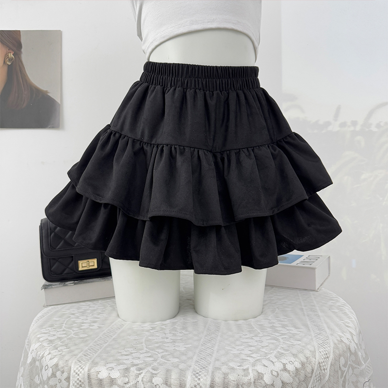 丝绒芭蕾风荷叶边褶皱宽松半身裙女秋冬高腰显瘦A字层层蛋糕短裙