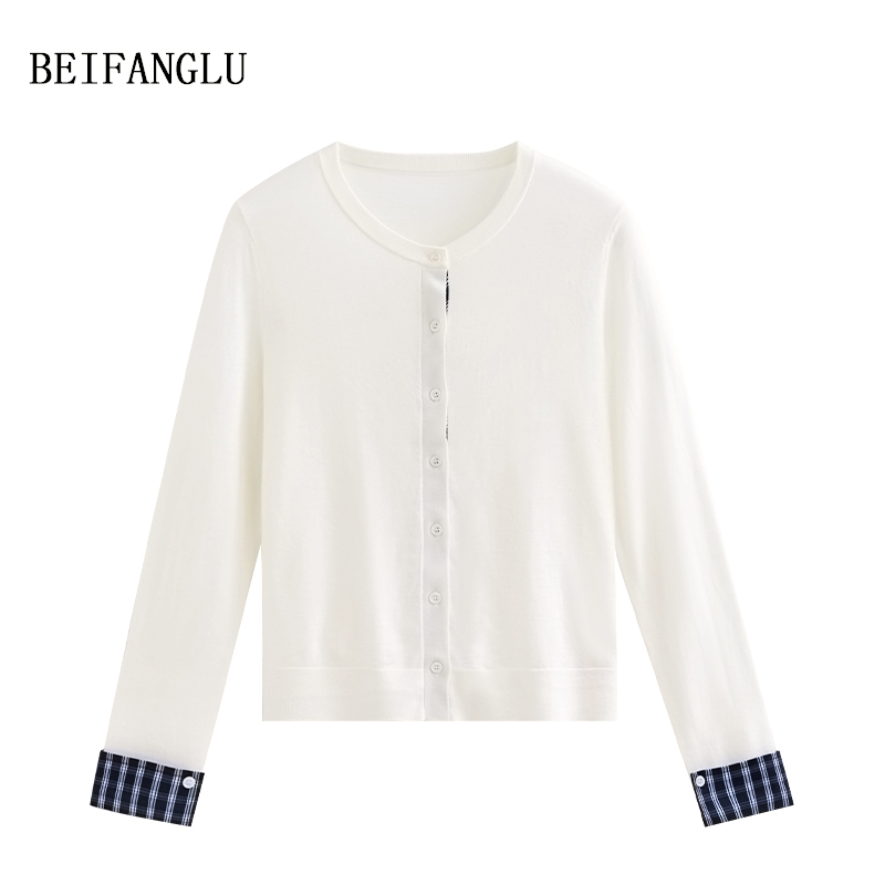 北方鹿 精纺100羊毛早春法式气质拼接格子假两件针织开衫女26110