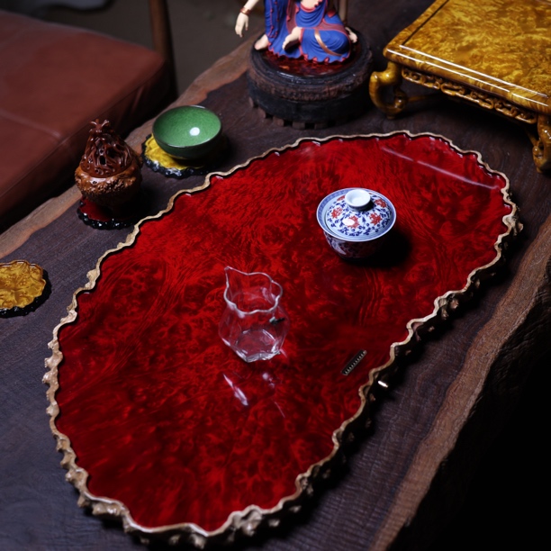 73-40-2.5 缅甸黄金樟干泡茶盘家用缅花满榴花茶具整块实木托盘