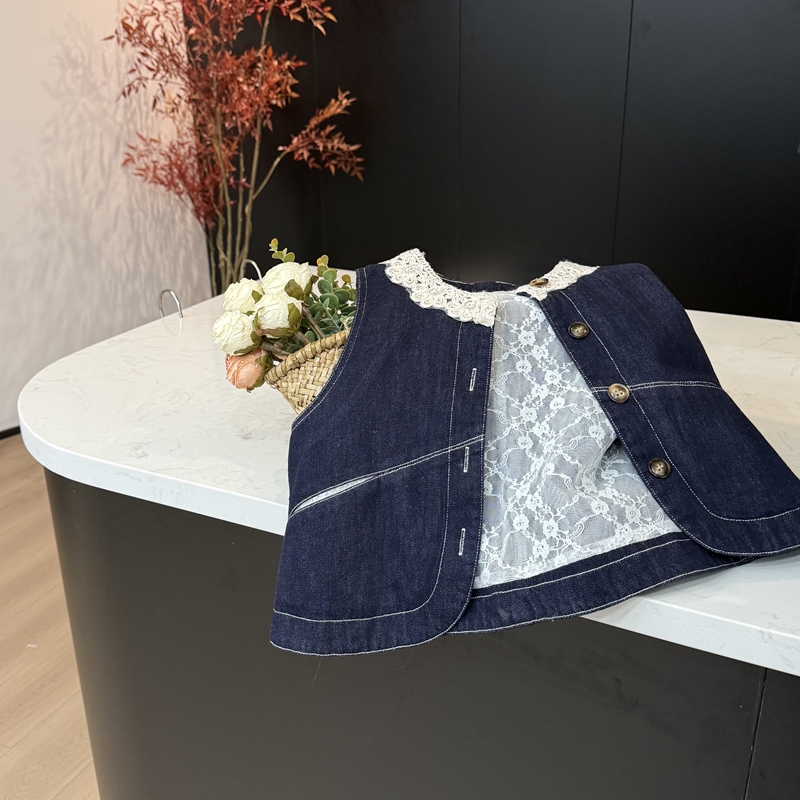 【现货】leomama女童蕾丝牛仔马甲背心复古无袖百搭提花开衫外套夏
