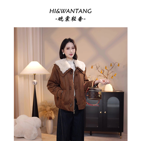 2025冬季保暖减龄上衣韩版百搭3162翻毛领加绒短款麂皮绒外套