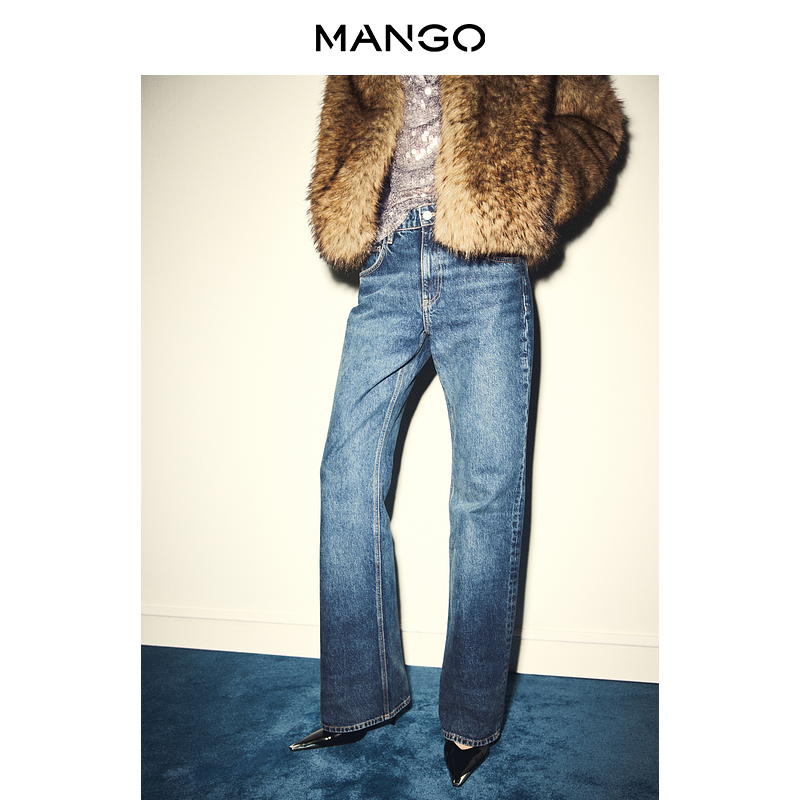 MANGO女装牛仔裤2025冬装新款复古低腰微喇磨白拖地高个子牛仔裤