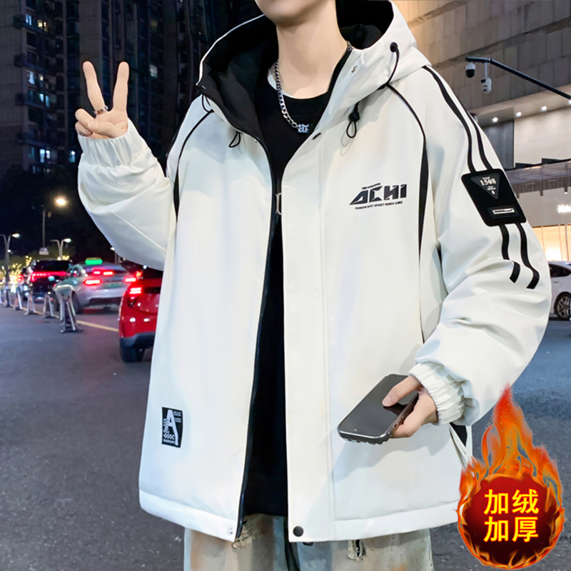 冬季青少年男士加绒加厚连帽夹克学院风时尚潮流百搭保暖学生外套