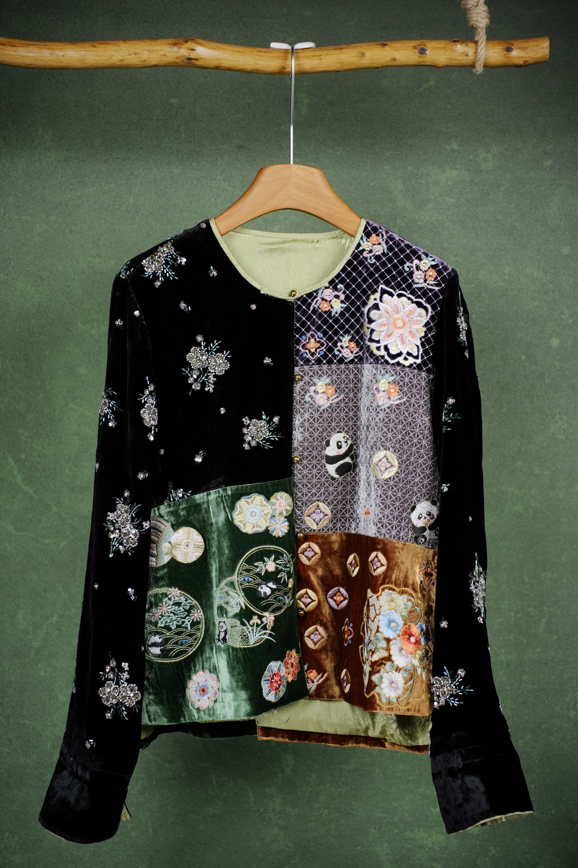 素纱莨绸【星豹】金丝熊猫民族风针织重工刺绣新中式长袖外套