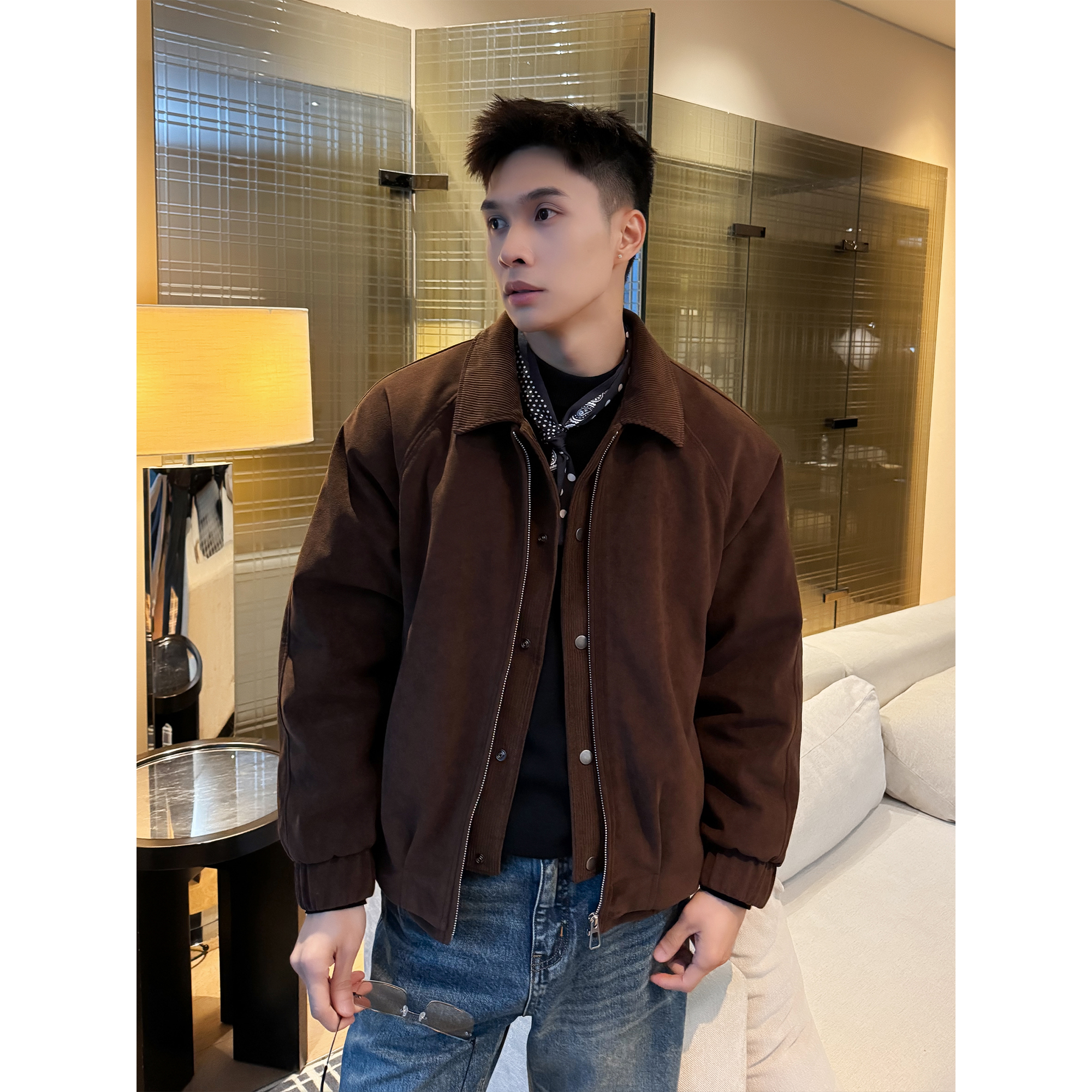 复古谷仓风「绒面灯芯绒拼接」高级感翻领解构加绒男士保暖夹克外套