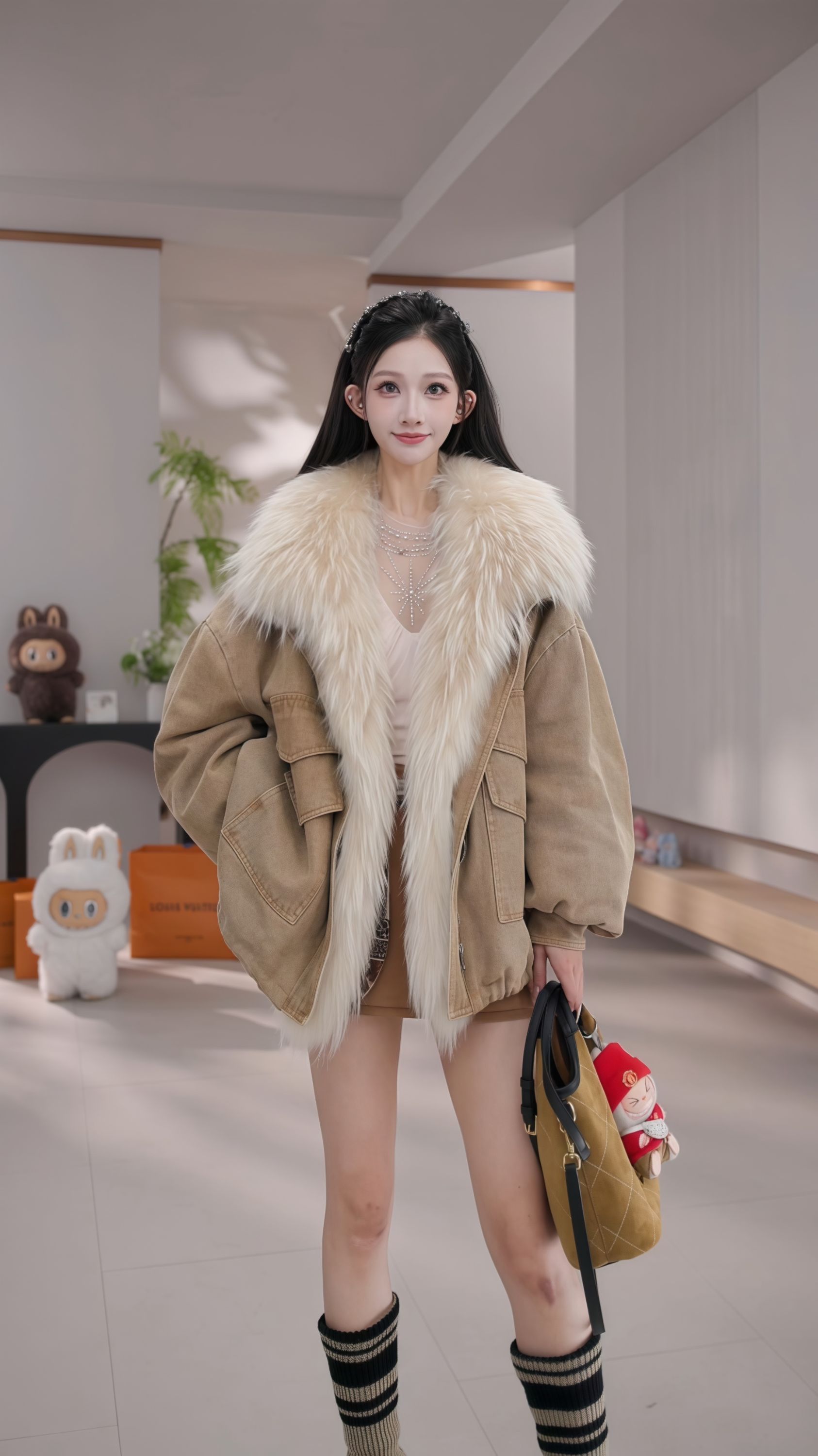 【思思】美洲白貉子毛 毛领 水洗牛仔宽松型  白鹅绒羽绒外套5002