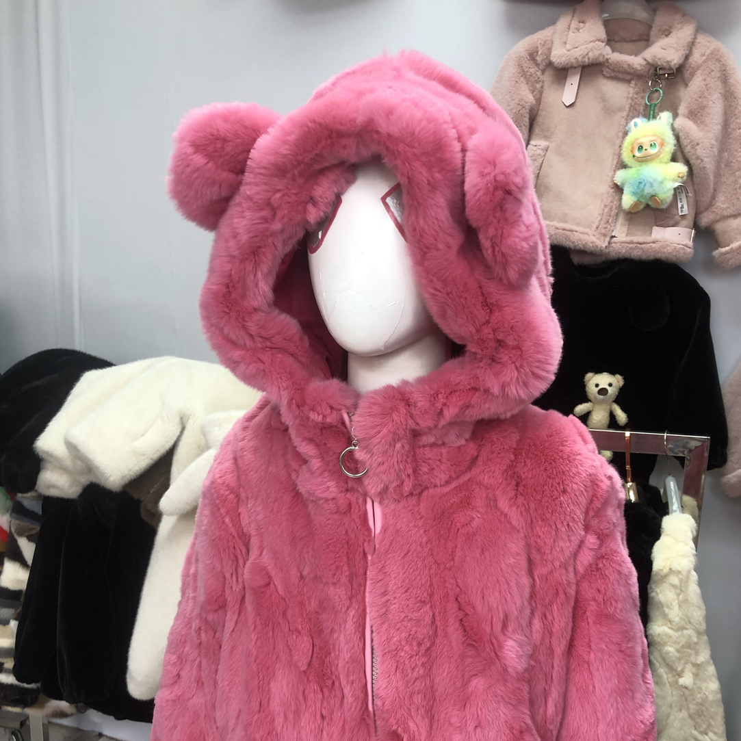 獭兔连帽女家居服女士宽松大衣保暖秋冬长袖短外套冬季