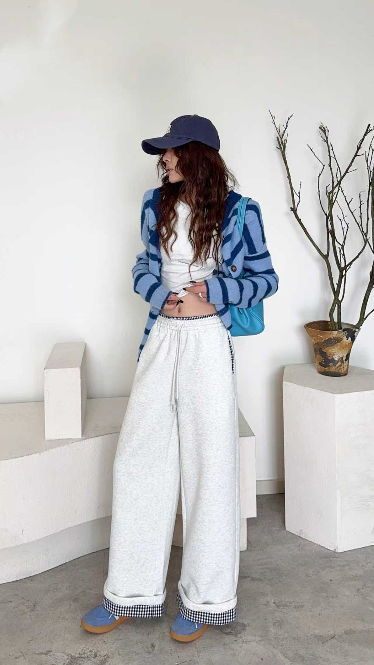 秋季新款美拉德风拼接格子长裤