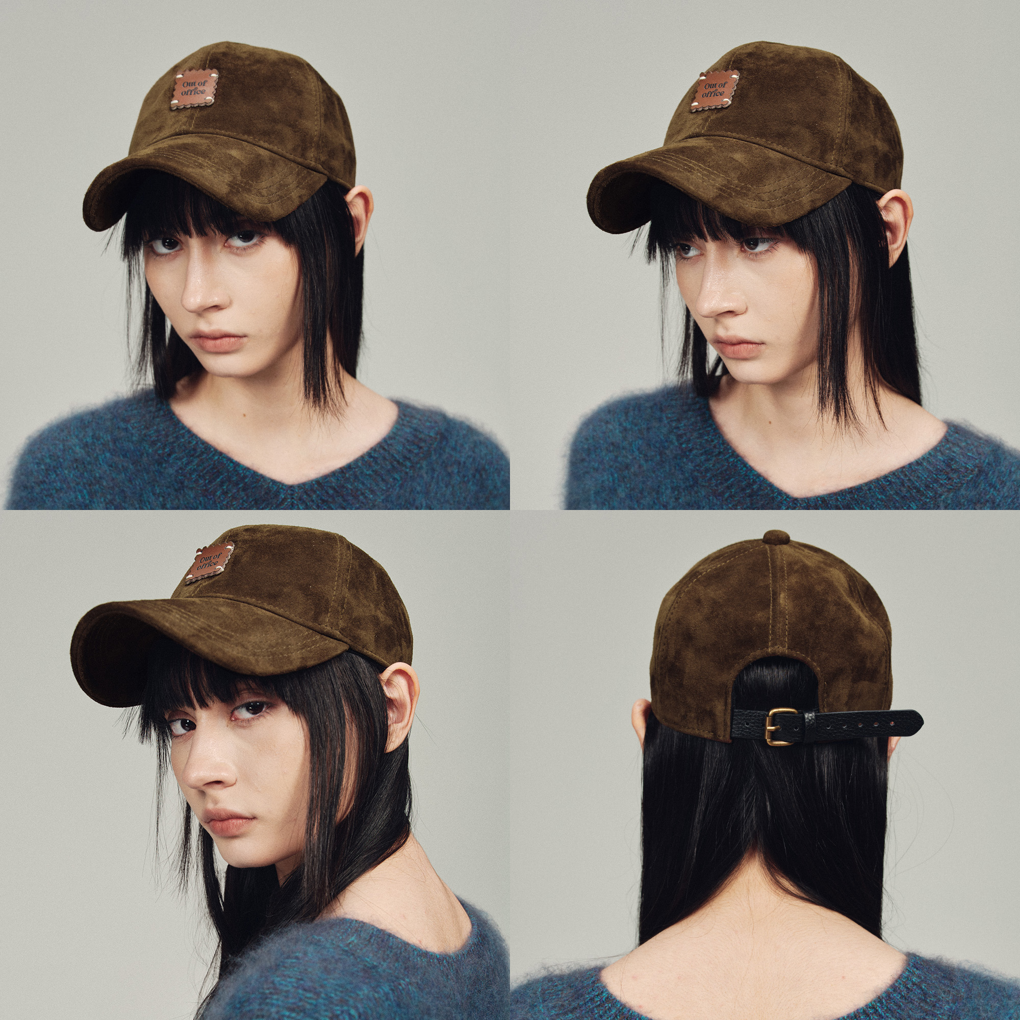 橄榄棕纯羊皮麂皮绒皮扣棒球帽