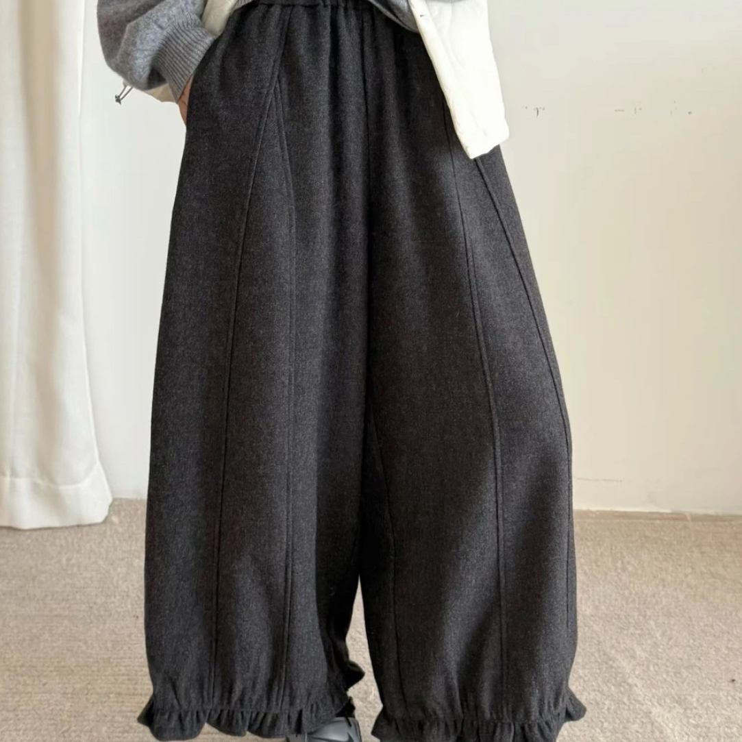 【加厚加绒】秋冬羊毛毛呢花苞花边裤休闲韩系宽松百搭松紧腰设计