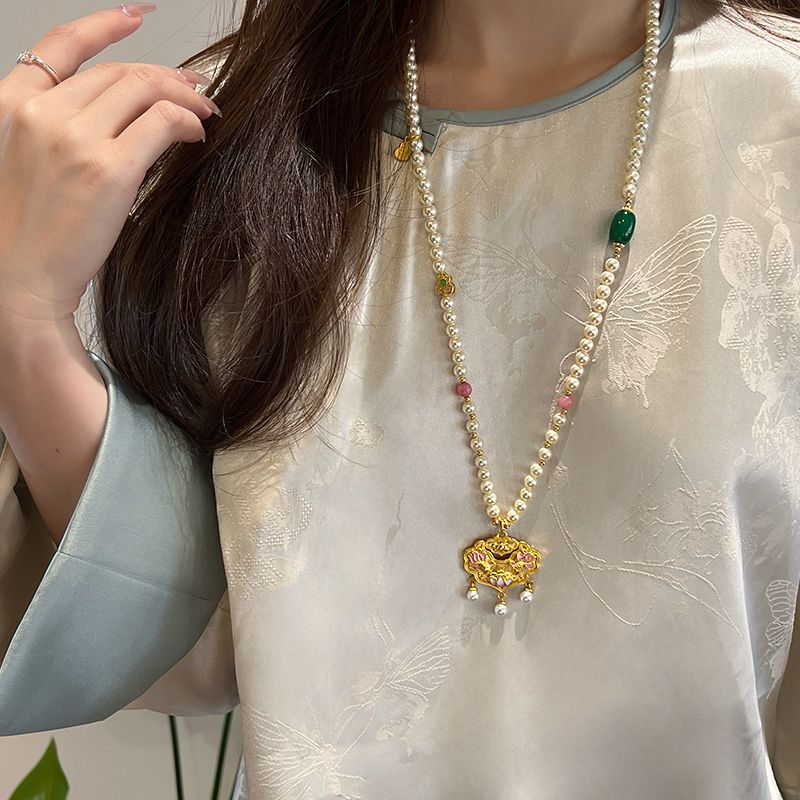 铜合金仿珍珠项链 新中式平安锁项链长款女复古国风小众轻奢百搭 