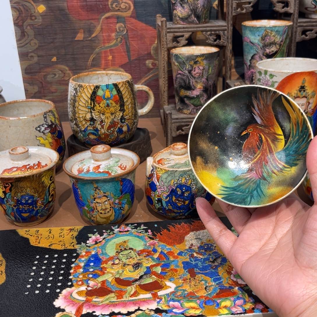 手工手绘凤凰茶杯