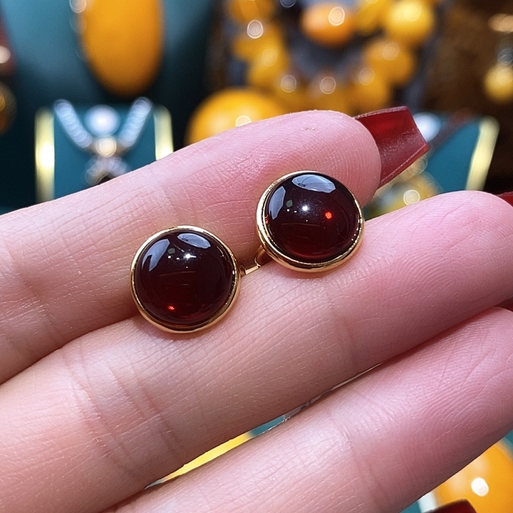 血珀耳饰银S925镀金镶嵌