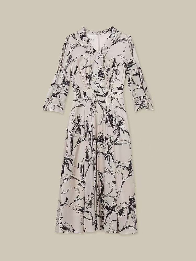 GXO2025春季新款重磅桑蚕丝水墨印花设计感连衣裙LYQ0126