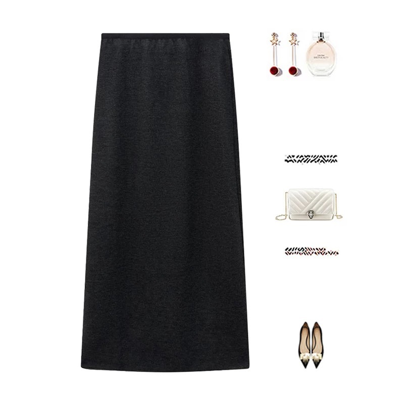 【醋酸羊绒+2个裙长】秋冬半身裙女中长裙显瘦松紧高腰后开叉直筒裙