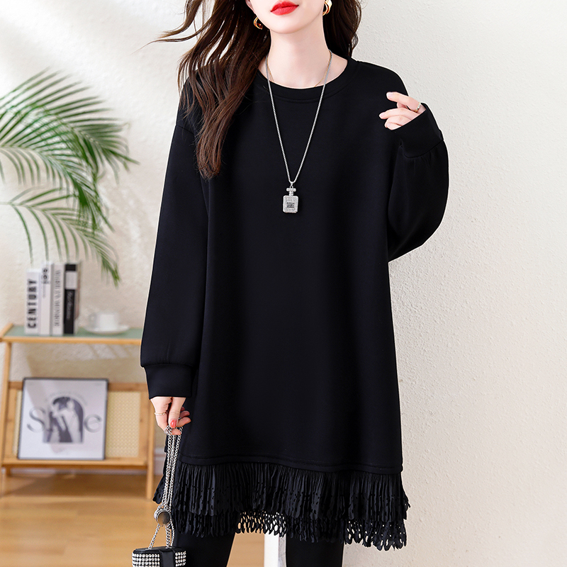 大码减龄拼接镂空花边卫衣裙女秋冬胖妹妹时尚百搭显瘦宽松打底衫