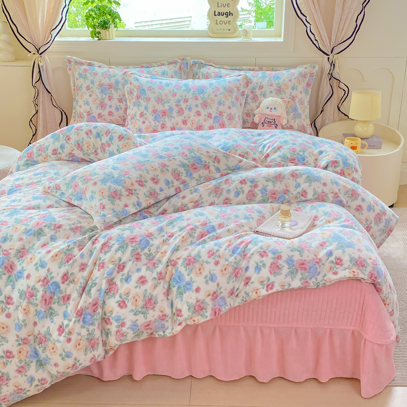 高克重牛奶绒床盖款四件套冬季加绒加厚小碎花被套不静电床上用品