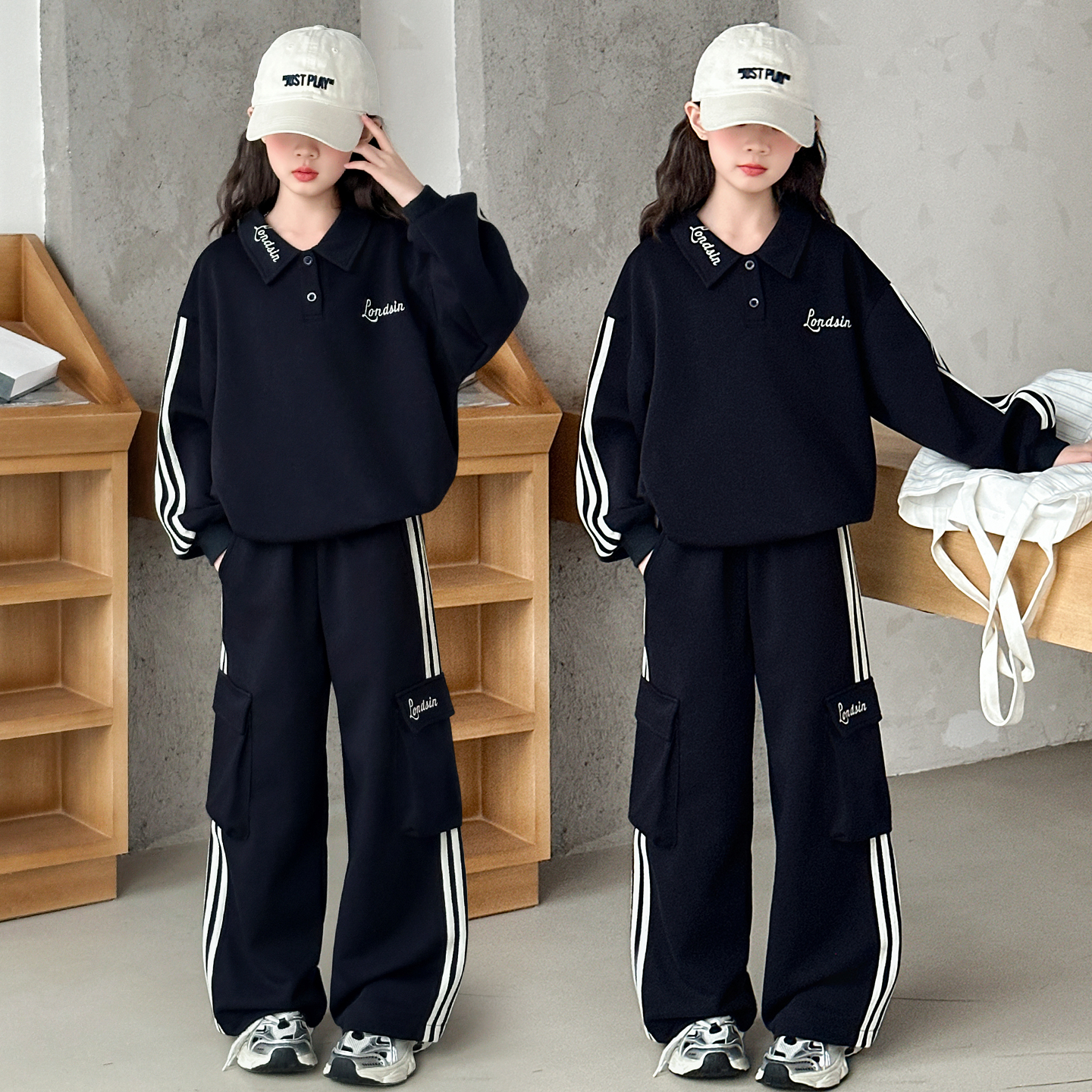 女童春秋套装2025新款6-12岁中大童洋气拉条卫衣休闲工装裤两件套