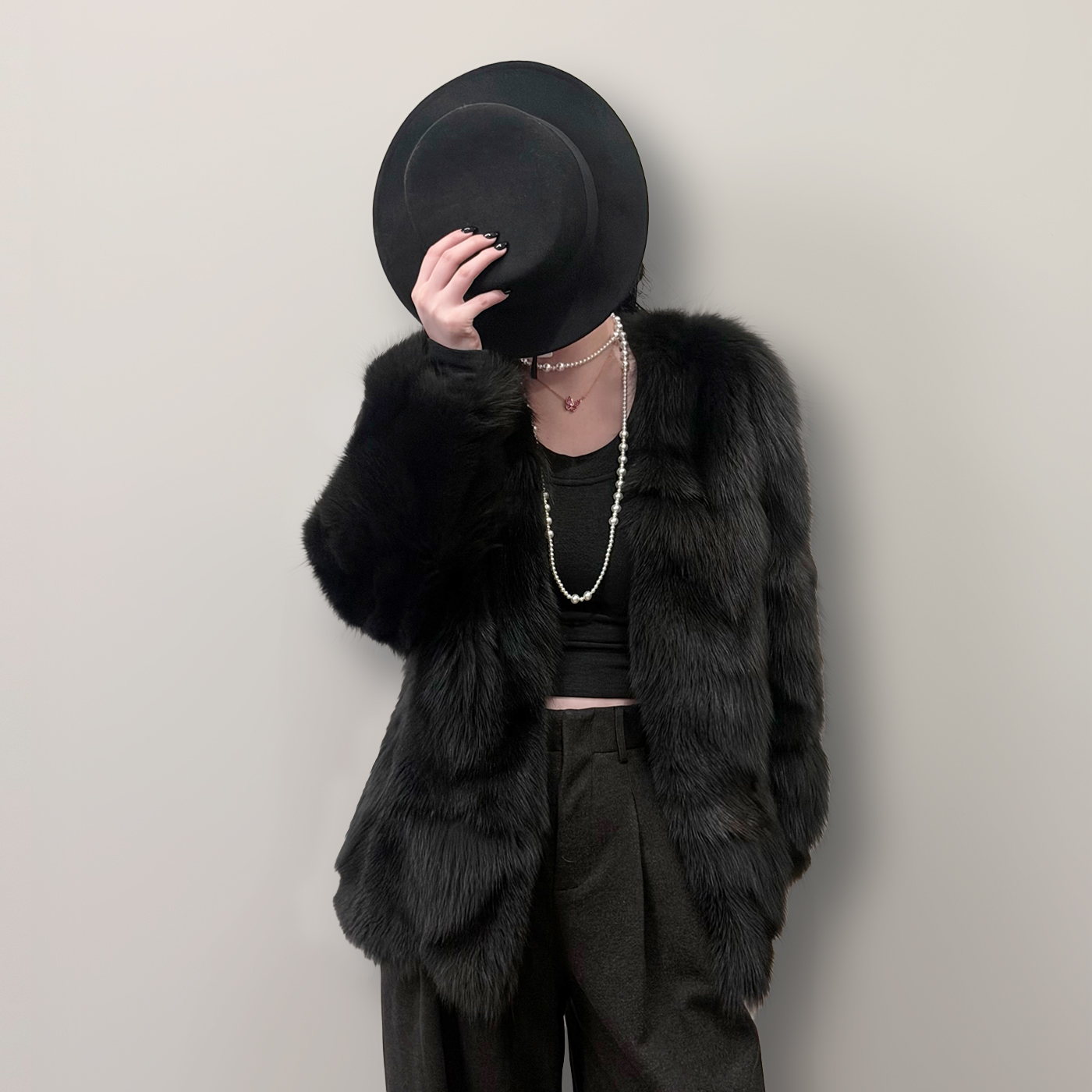 【徐千千】sagafurs狐狸毛中长款整皮V领廓形外套女