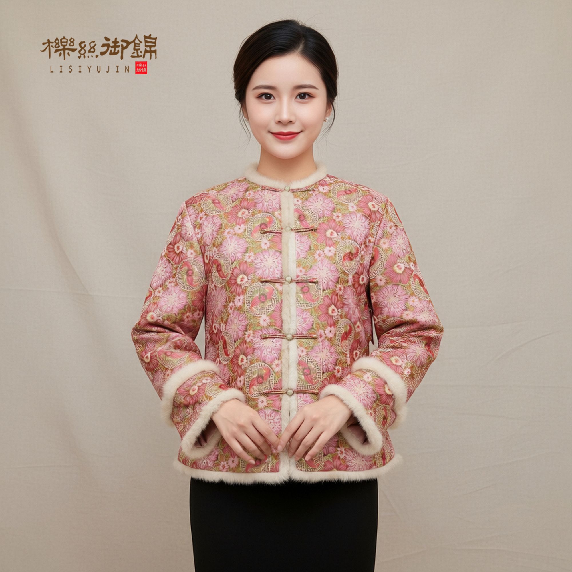 櫟丝御锦柞蚕丝【孔雀羽团花牡丹锦】长袖提花中式棉服外套 50818