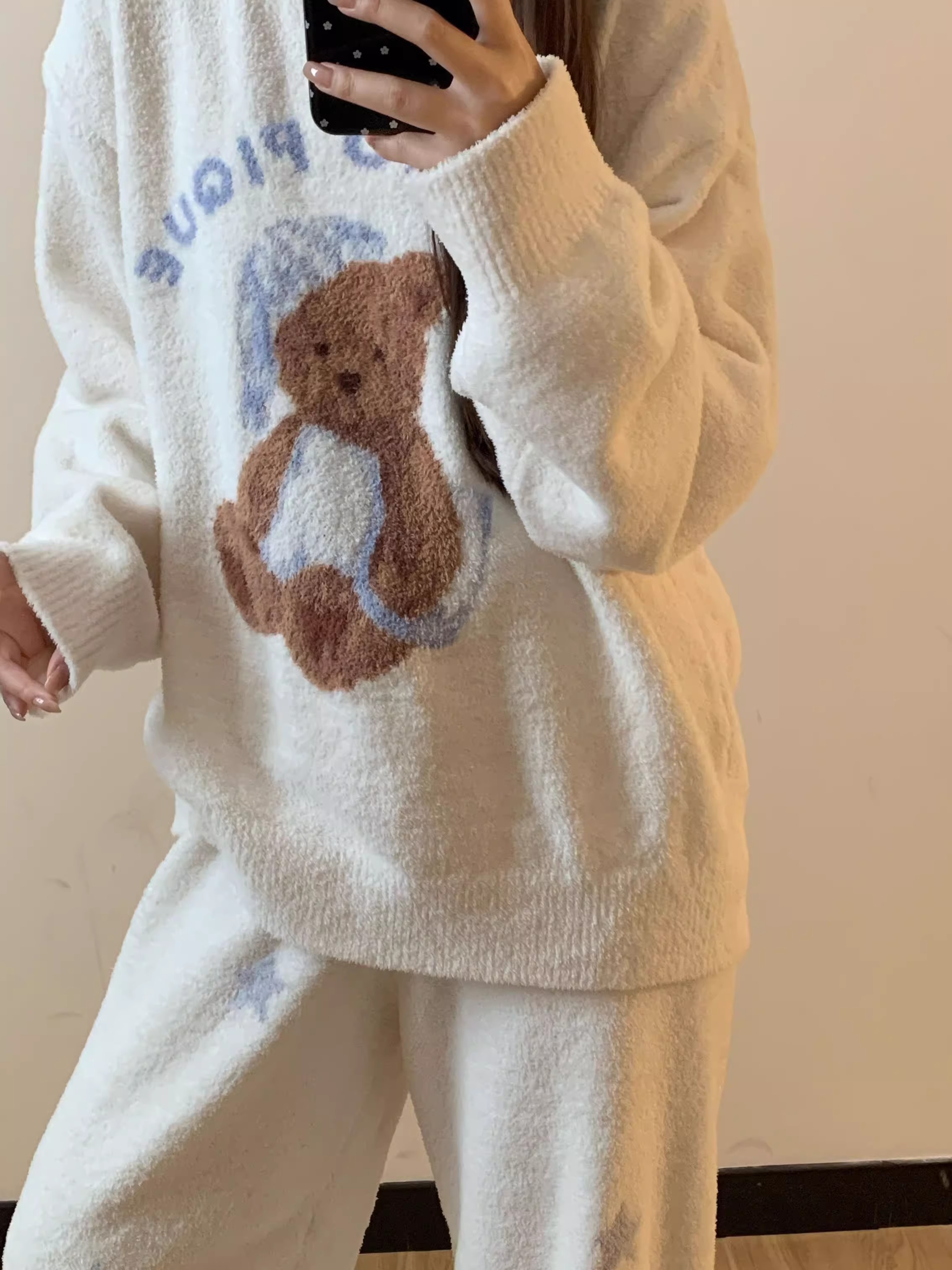 睡衣女款2025秋冬新款半边绒保暖小熊圆领长袖可外穿家居服两件套