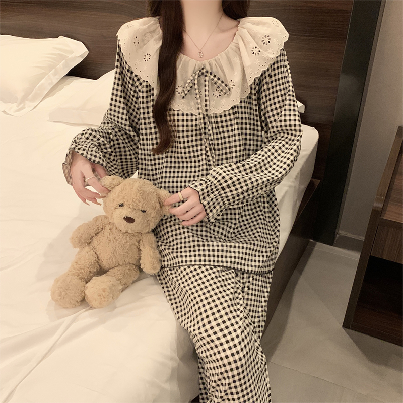 2025年新款春秋季女士长袖长裤睡衣秋天黑色甜美格子花边秋款套装