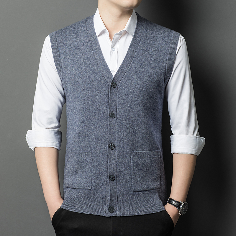 2402休闲时尚男士加厚开衫修身秋冬保暖中年针织羊毛马甲男款纯色